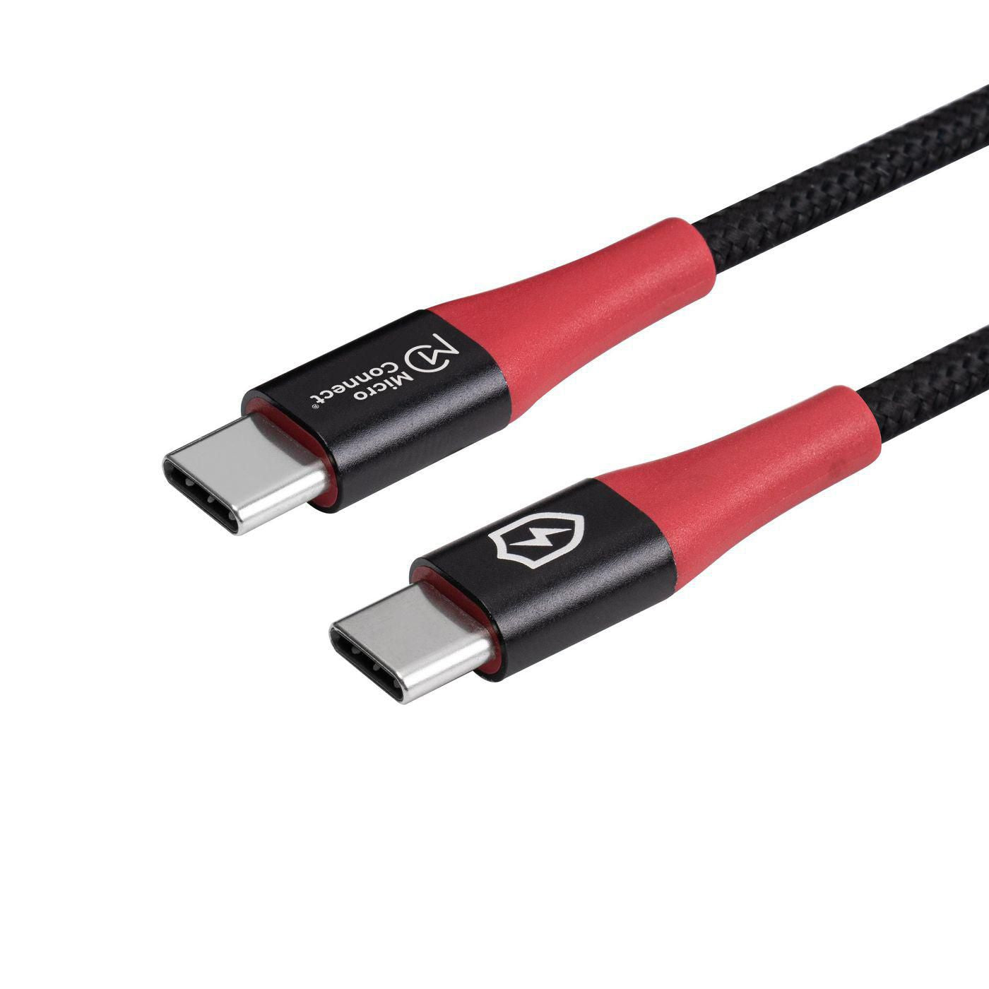 MicroConnect Safe Charge USB-C til USB-C kabel 1,5 m røde/sorte stik aluminiumsspids nylonflet data blocker.