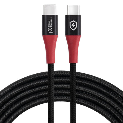 MicroConnect Safe Charge USB-C til USB-C kabel 1,5m sort flet, røde/sorte stik, logo og hvid lynskjold til databeskyttelse.