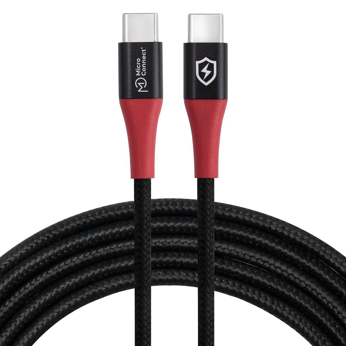 USB-C til USB-C data blocker kabel 1,5 m 240W sort flettet med rød/sort stik og logo, spiralformet nederst.