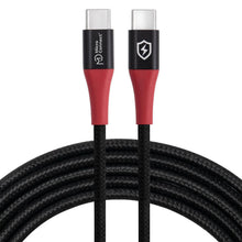 USB-C til USB-C data blocker kabel 1,5 m 240W sort flettet med rød/sort stik og logo, spiralformet nederst.