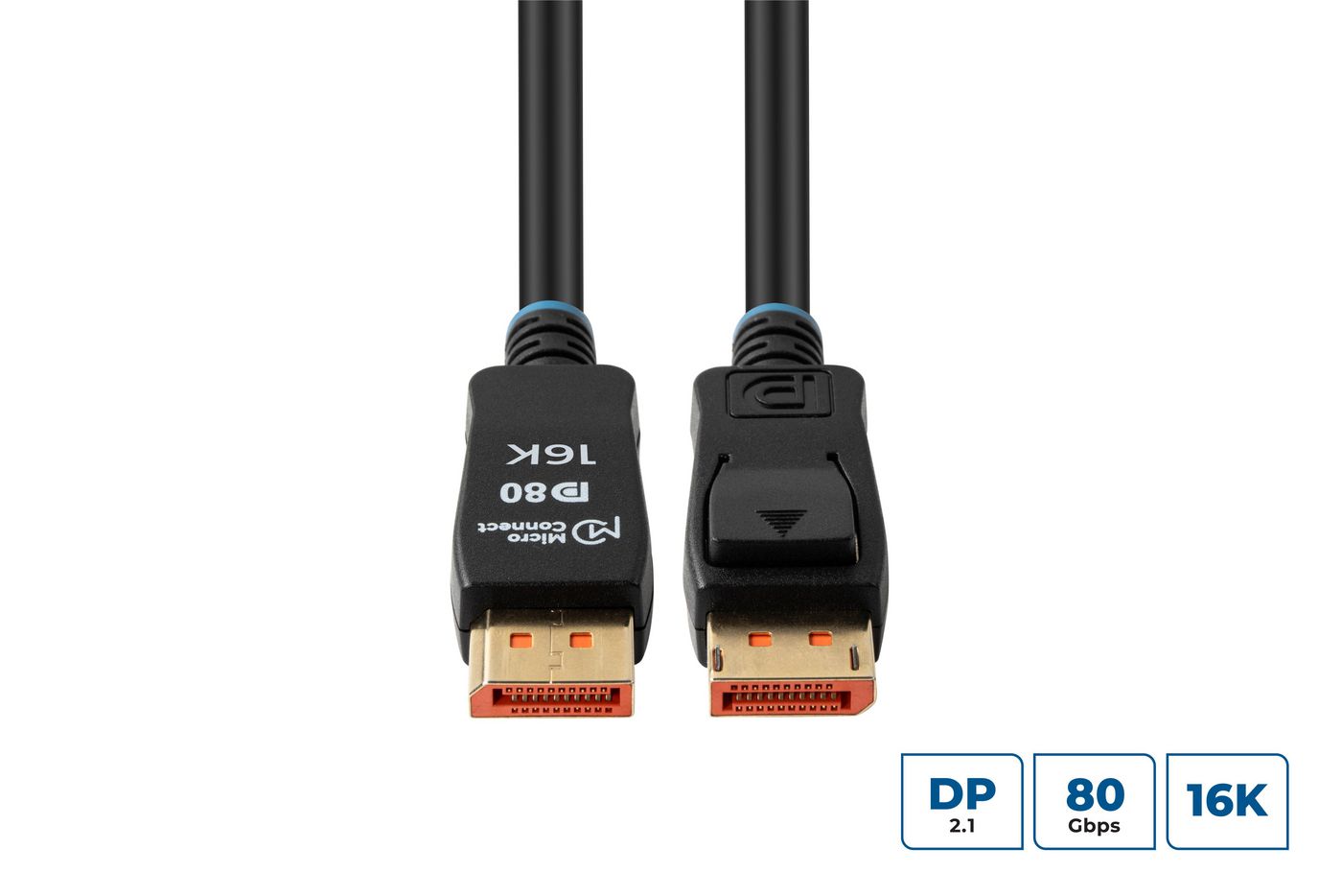 DisplayPort 2.1 kabel sort 0,5m med guldbelagt stik 16K/80Gbps ikon for båndbredde og opløsning.