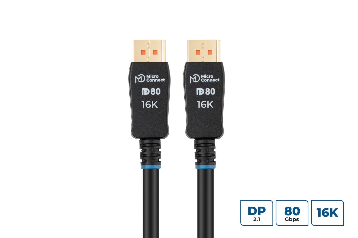 DisplayPort 2.1 kabel 0,5m sort med guldbelagt stik, understøtter 16K opløsning og 80Gbps båndbredde.