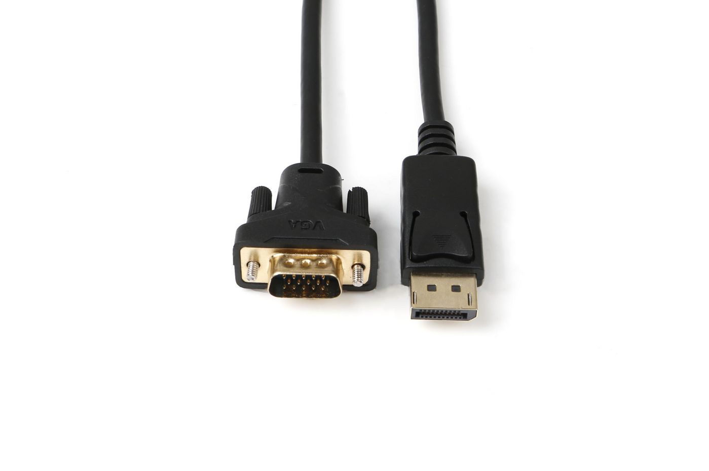 DisplayPort til VGA kabel 2m sort, VGA-stik til venstre og DisplayPort-stik til højre, side om side.