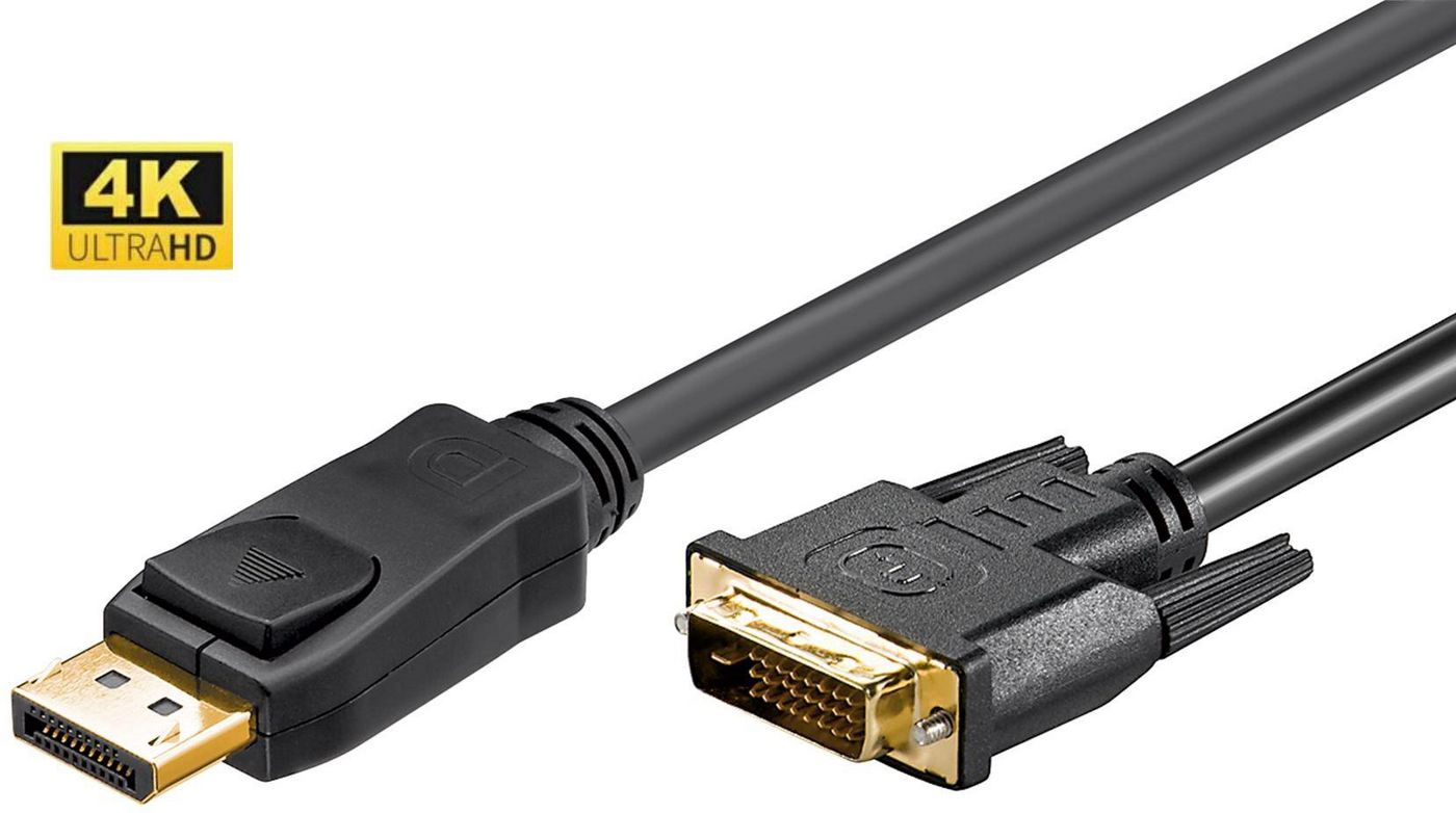 DisplayPort til DVI-D kabel 2m sort guldbelagte stik understøtter 4K Ultra HD opløsning.