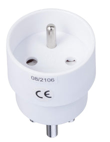 Schuko til DK stik, rund, to huller, jordstift, CE-mærke og label med 08/2106.