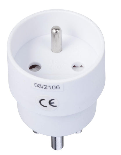 Schuko til DK stik, rund, to huller, jordstift, CE-mærke og label med 08/2106.