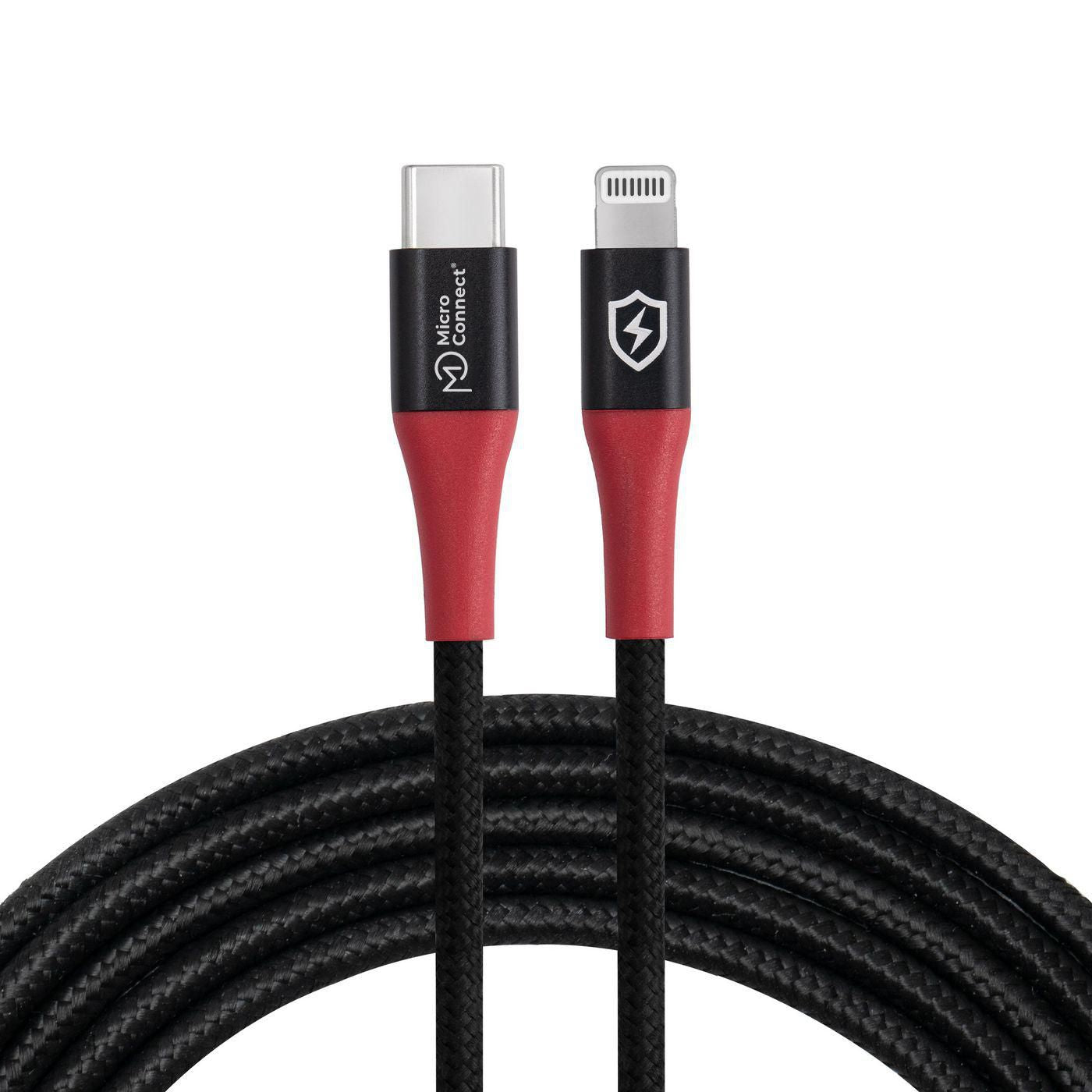 MicroConnect Safe Charge USB-C til Lightning data blocker-kabel 1,5m flettet sort med røde stik.