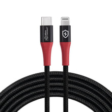 MicroConnect Safe Charge USB-C til Lightning data blocker-kabel 1,5m flettet sort med røde stik.