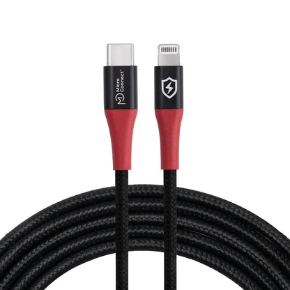 MicroConnect Safe Charge USB-C til Lightning data blocker-kabel 1,5m flettet sort med røde stik.