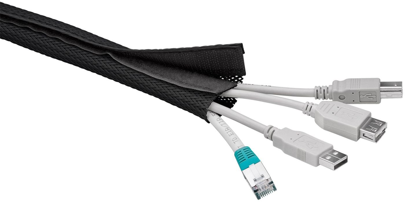 Kabelstrømpe med velcroluk sort 1,8m samler blå og hvide ethernetkabler samt grå USB-kabler der delvist stikker ud.