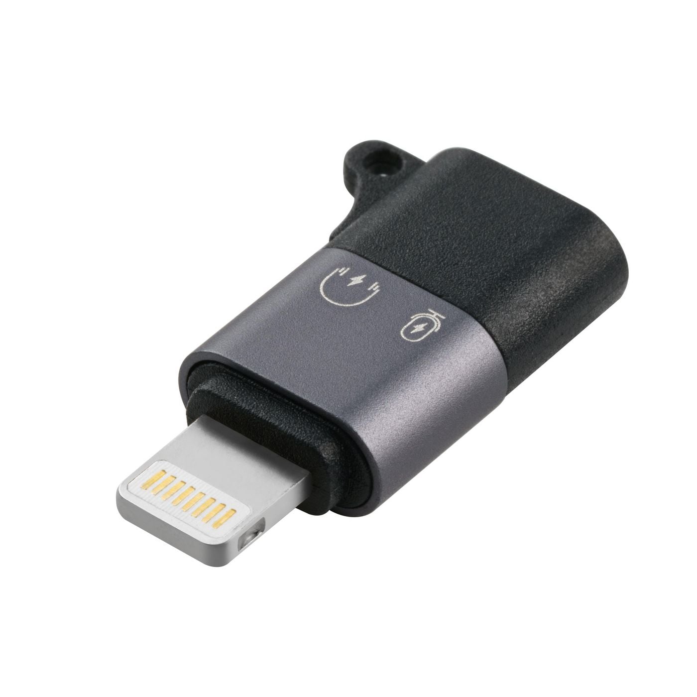 MicroConnect USB-C til Lightning-adapter i sølv, grå og sort, med opladning/dataikoner og lille hul til evt. nøglering.