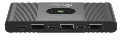 MicroConnect DisplayPort  USB-C KVM-switch 2 porte sort 8K, DisplayPort OUT, USB-C DP IN, HDMI IN, indikatorlys og logo.