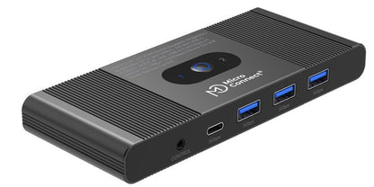 MicroConnect DisplayPort  USB-C KVM-switch 2 porte sort, central knap 1/2, 3x USB, USB-C, strømindgang, alle 5Gbps.