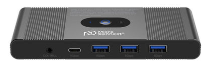 Microconnect DisplayPort  USB-C KVM-switch sort rektangulær, to knapper 1/2, logo, porte: CONTROL, USB-C, 3x USB-A 5Gbps.