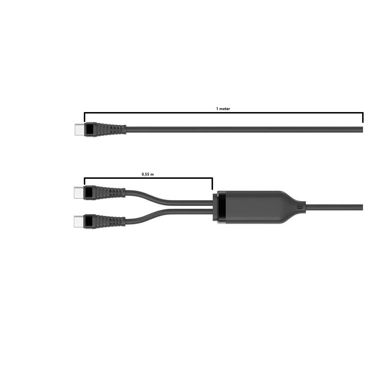MicroConnect 1-in-2 USB-C splitterkabel 1,55 m sort, én til to stik, splitdel 0,5 m, op til PD100W data og opladning.