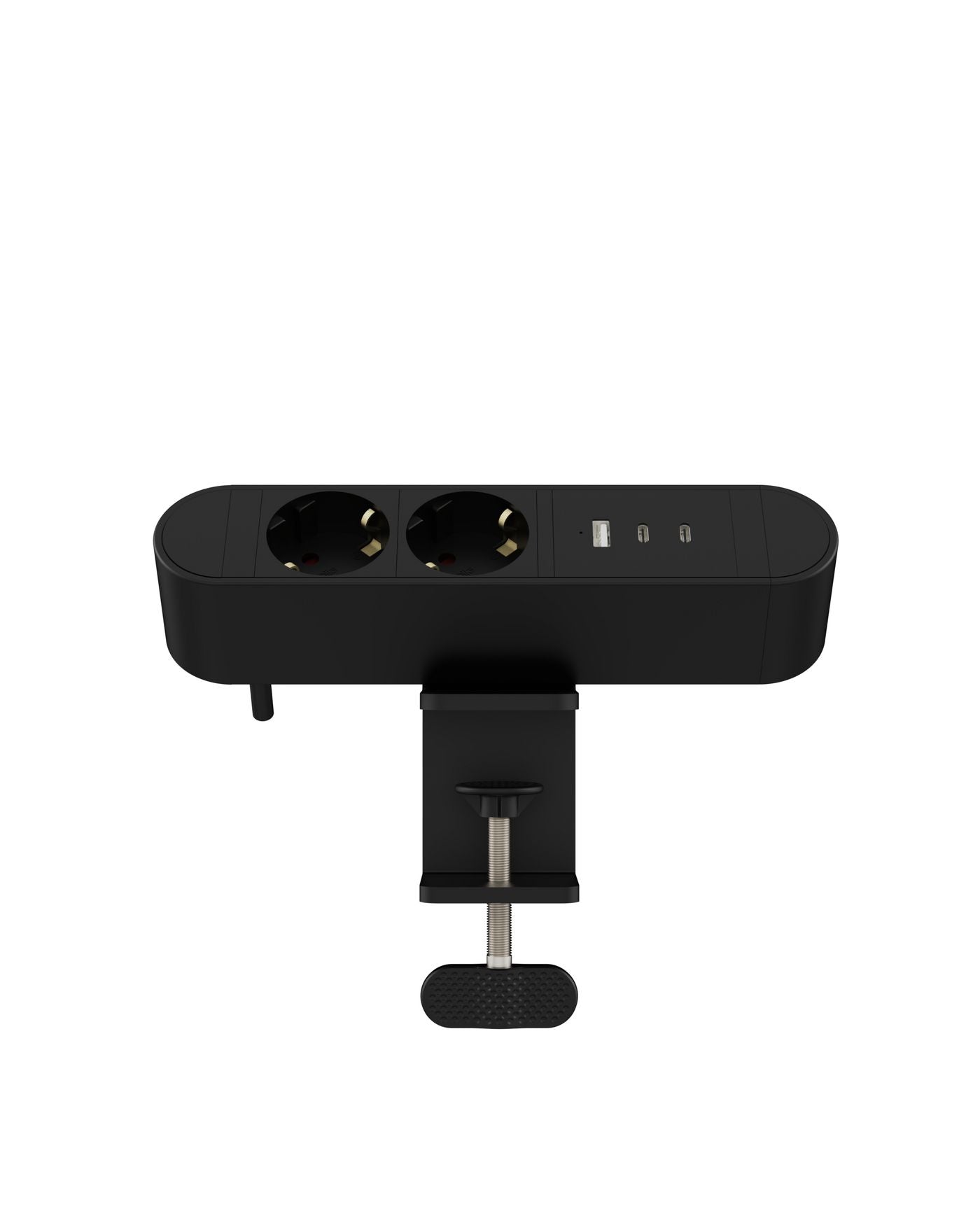 Sort Multi stikdåse med 2 Schuko, USB-A, 2 USB-C (30 W), 1,8 m kabel og skrivebordsklemme.