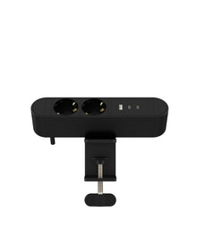 Sort Multi stikdåse med 2 Schuko, USB-A, 2 USB-C (30 W), 1,8 m kabel og skrivebordsklemme.