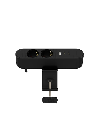 Sort Multi stikdåse med 2 Schuko, USB-A, 2 USB-C (30 W), 1,8 m kabel og skrivebordsklemme.