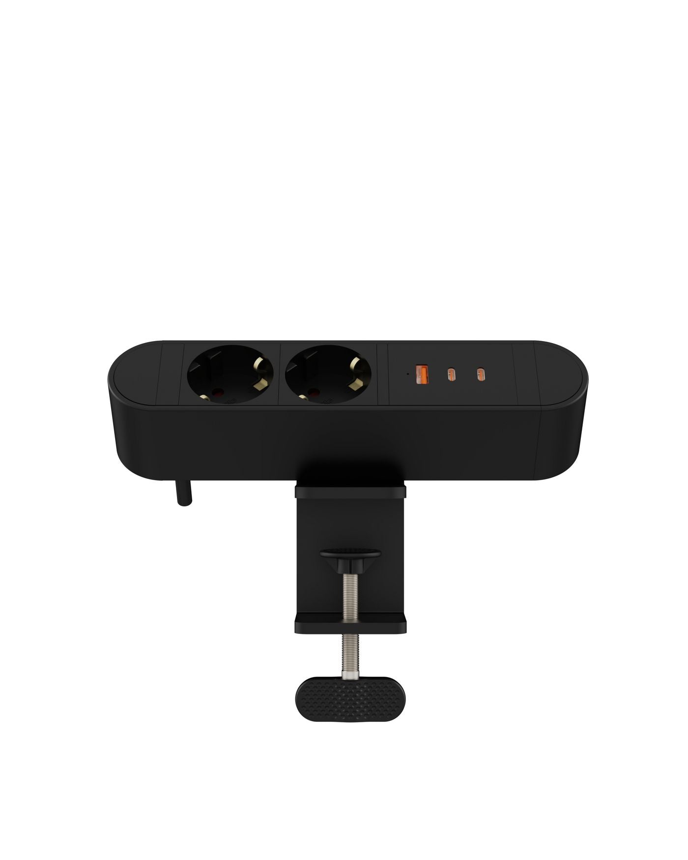 Sort Multi Desktop Power Socket med 2 Schuko-udtag, 1 USB-A og 2 USB-C porte (67W), klemmebeslag.