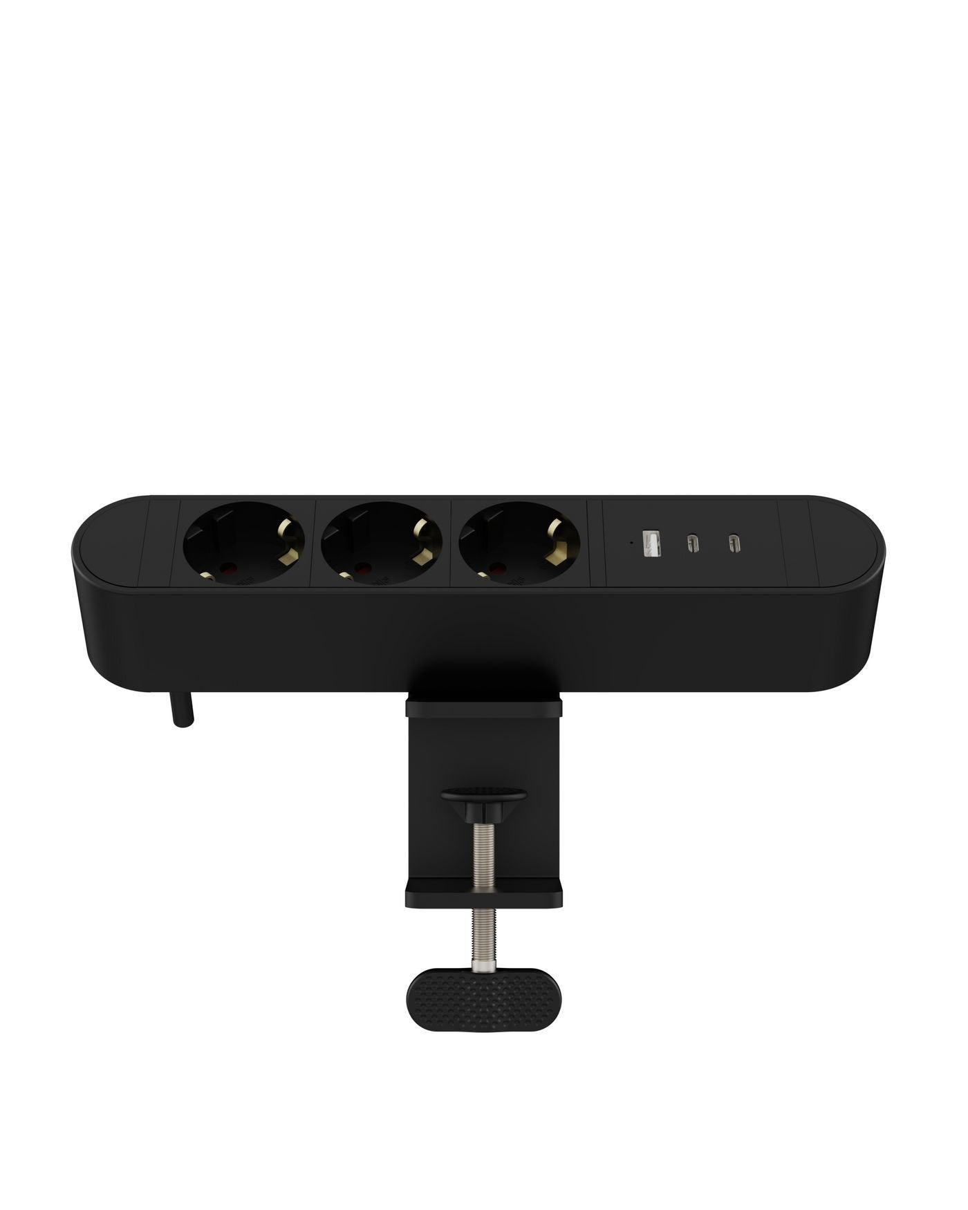 Multi Desktop Power Socket med 3 Schuko stik, USB-A, 2 USB-C porte (30W) og bordklemme.