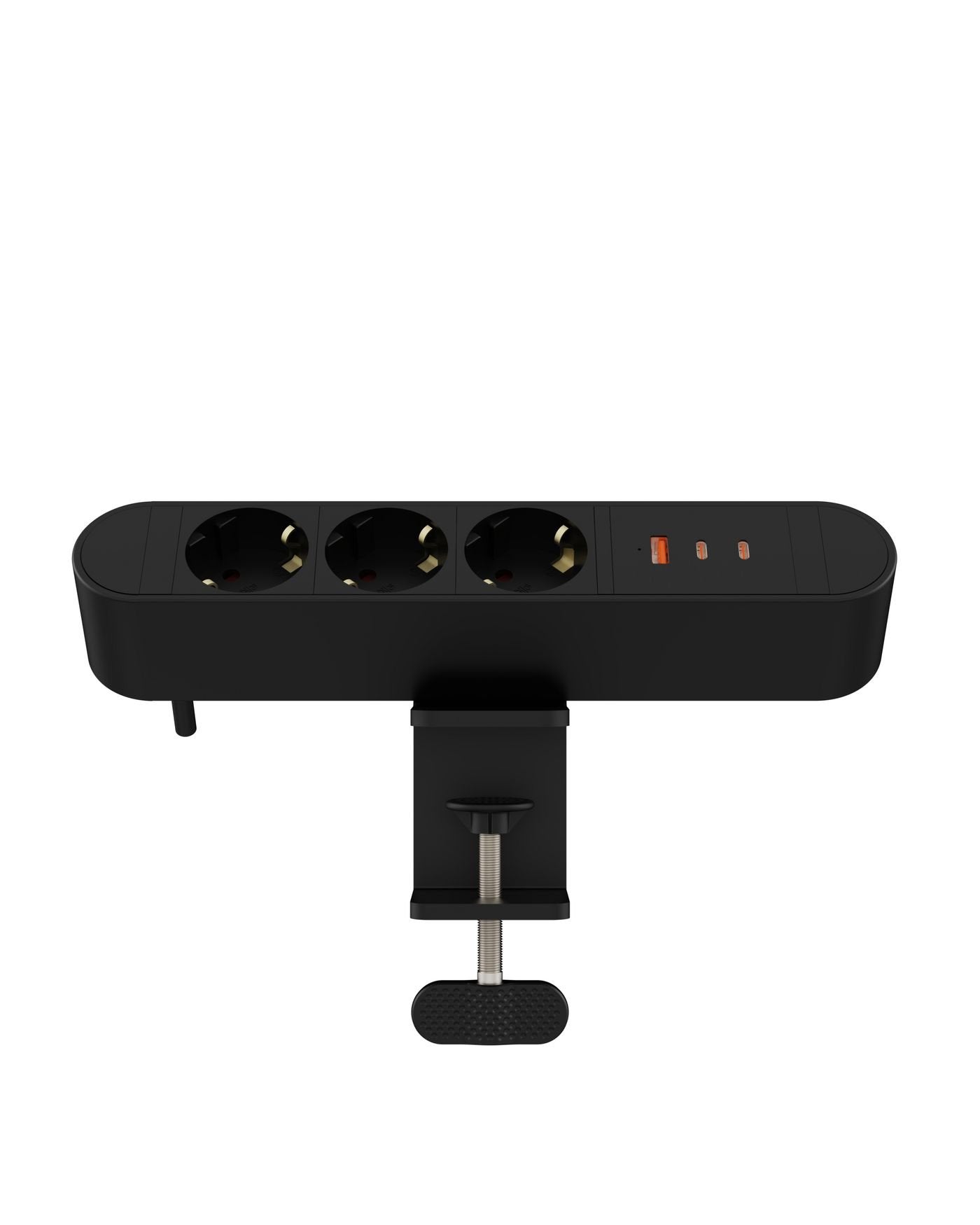 Multi Desktop Power Socket med 3 Schuko udtag, 1 USB-A, 2 USB-C (67W), 1,8 m ledning og justerbar bordklemme.