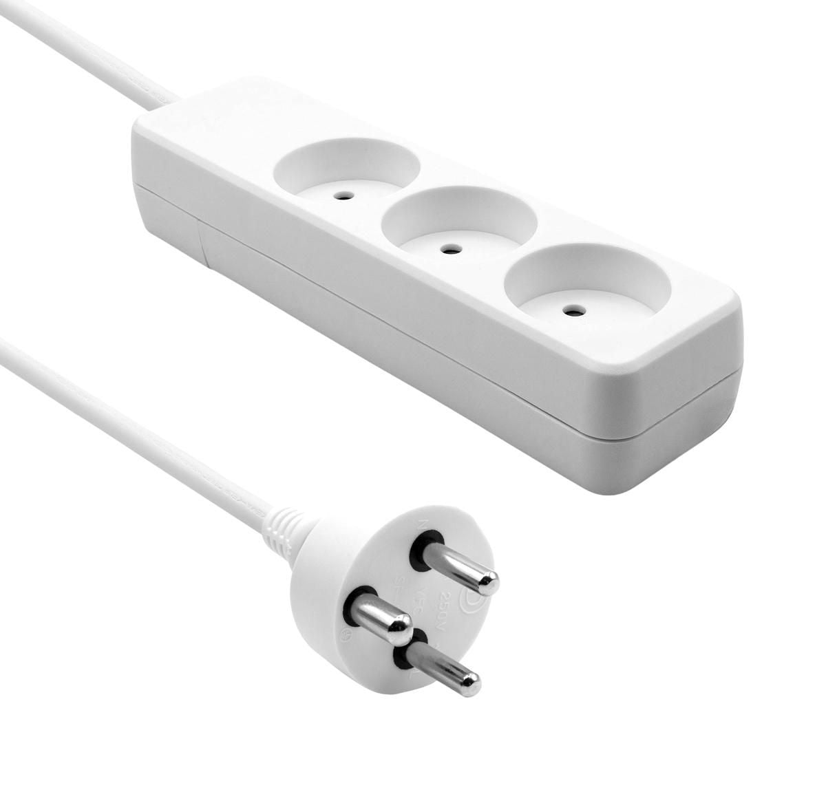 Microconnect 3-vejs dansk stikdåse, hvid, 3 meter ledning, tre udtag.