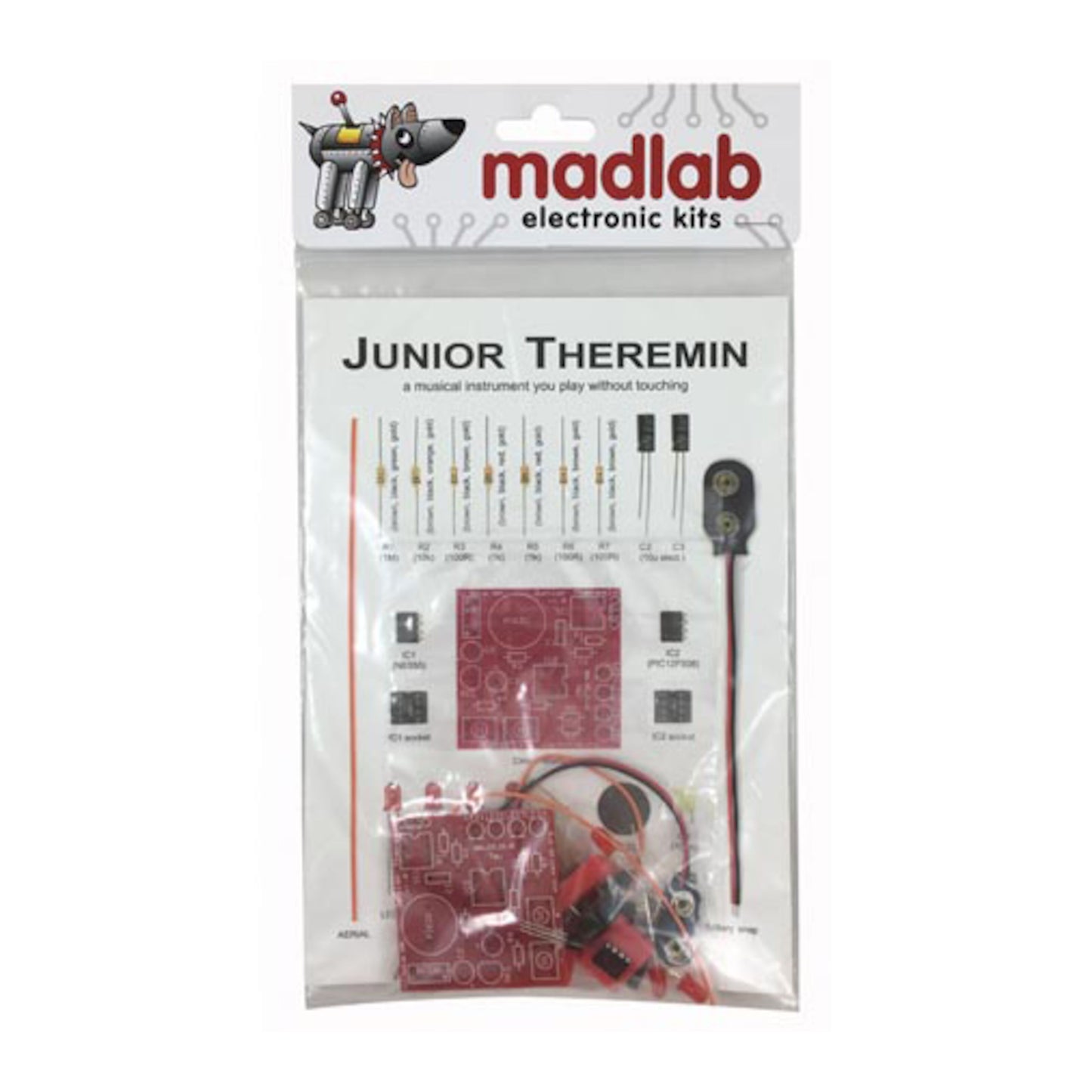 Madlab Junior Theremin byggesæt med rød printplade, ledninger og små elektroniske dele i klar pose, deleillustration synlig.
