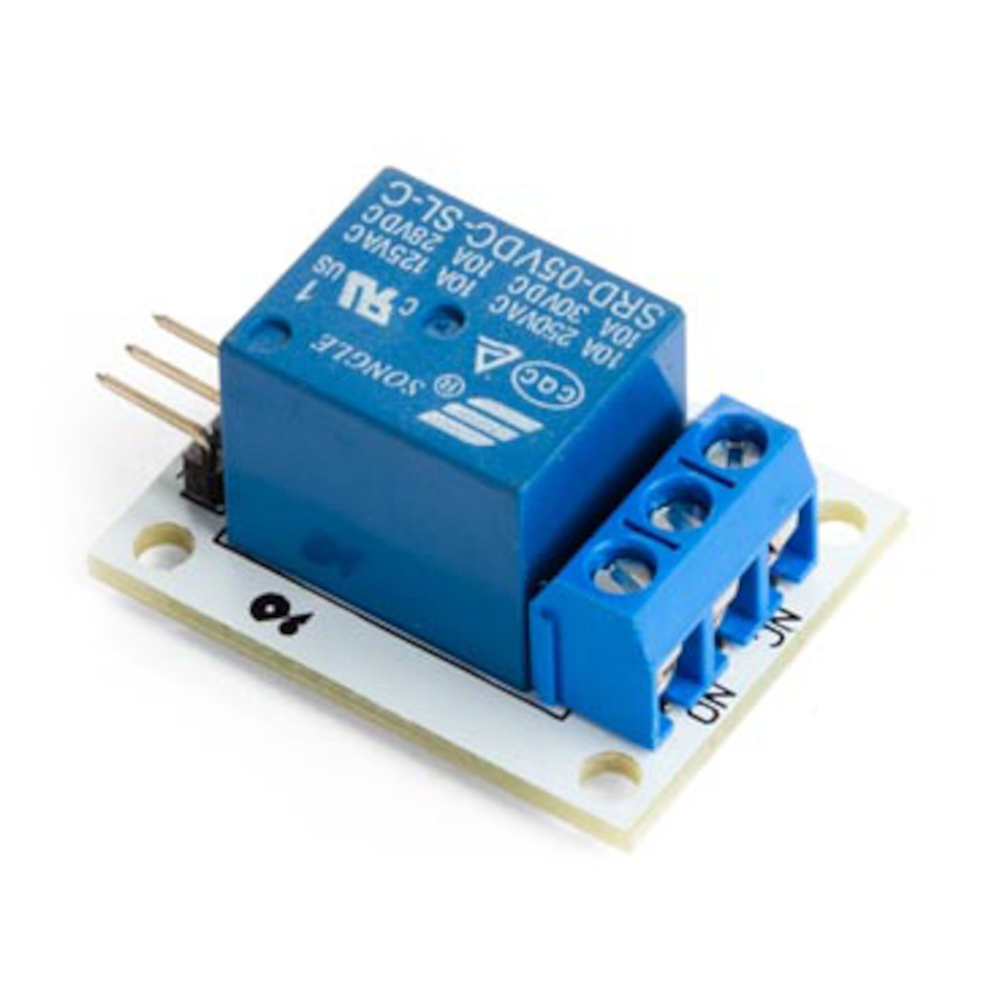 Relæmodul 1x til Arduino, blå, enkeltkanal med skrueklemmer og tre hanstikben, kompakt printkort.