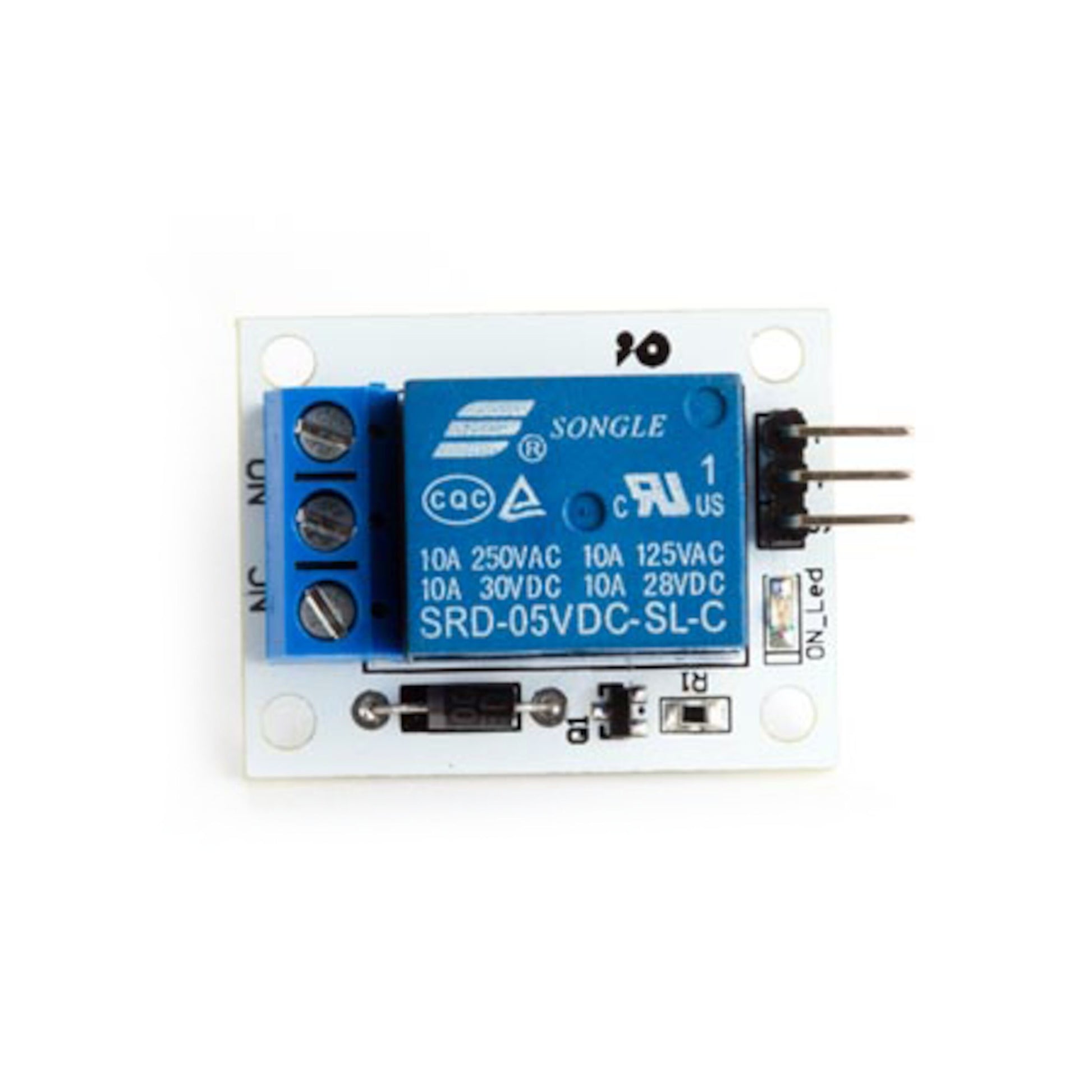 Luxorparts relæmodul til Arduino 1x, blåt relæ på PCB, tre-terminal skrueterminal og header pins.