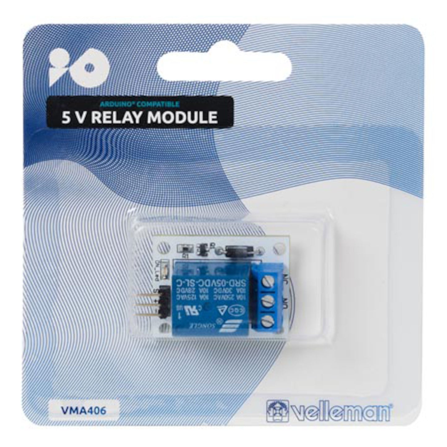 Relæmodul til Arduino 1-kanal, 5V relæ og skrueterminaler synlige gennem klar plastemballage.