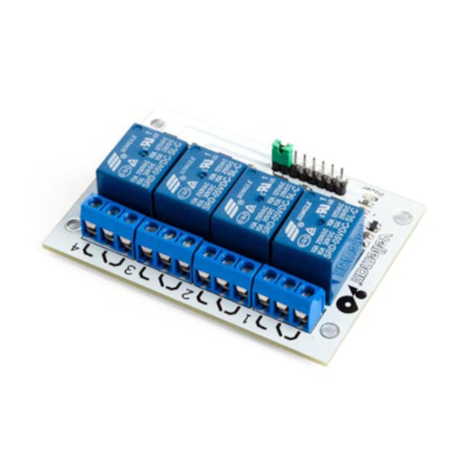 Relæmodul til Arduino 4x med blå relæer, skrueklemmer og pin-headers på printkort.