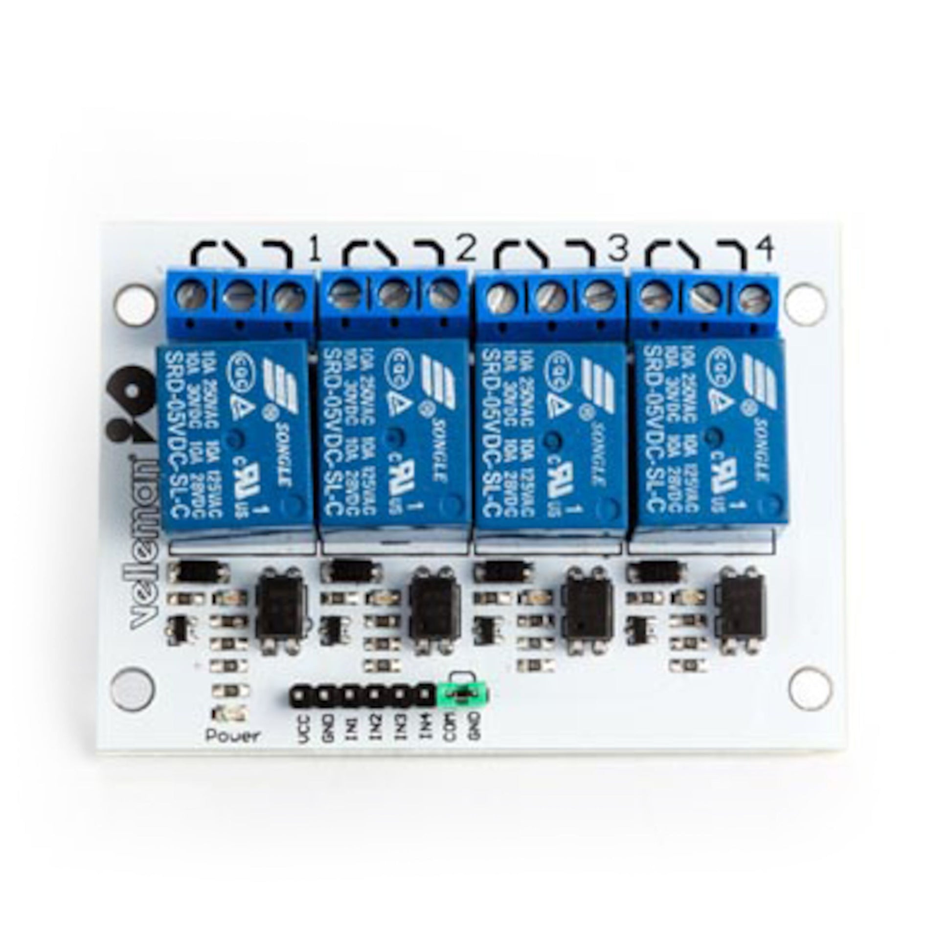 Relæmodul til Arduino med 4 relæer mærket 1-4, synlige elektroniske komponenter og pins.