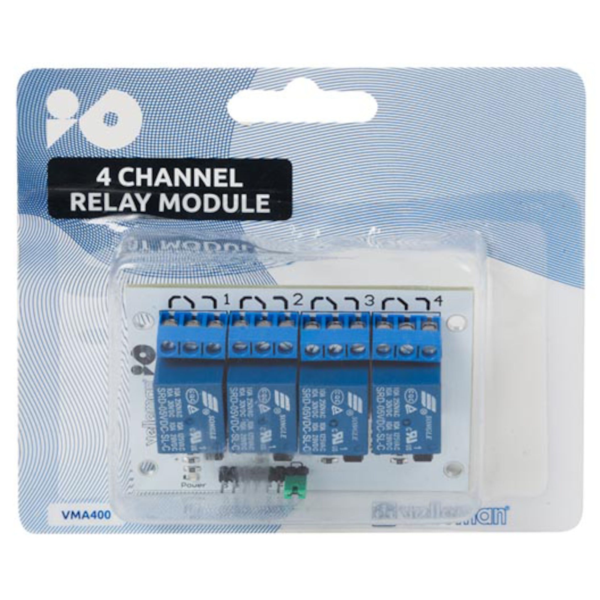 Arduino relæmodul 4x med fire blå skrueklemme-relæer nummereret 1-4 på printkortet, i retail emballage.