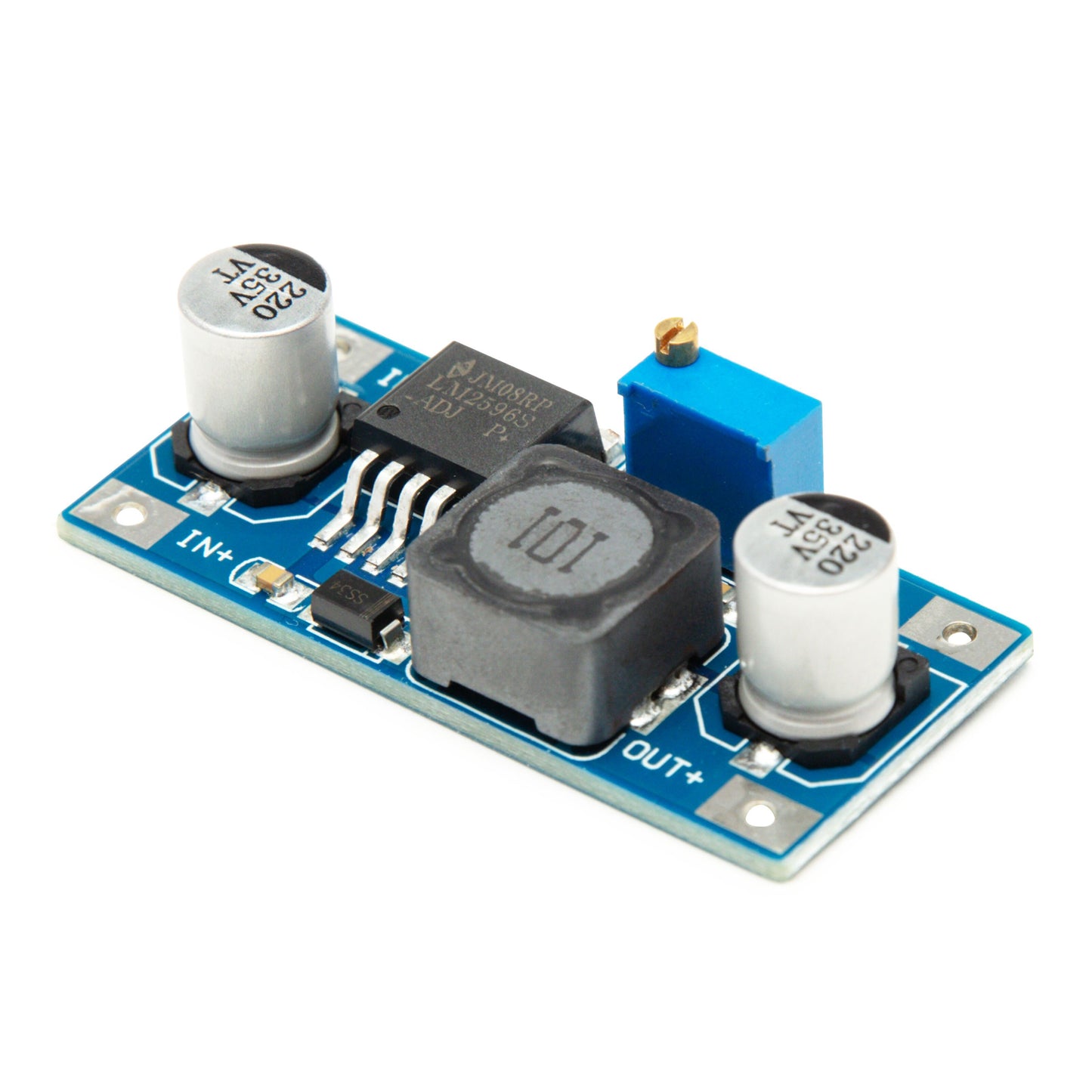 Variabel DC-DC step-down modul, blå, til opbevaring af kondensatorer, spole, potentiometer på rektangulært printkort.