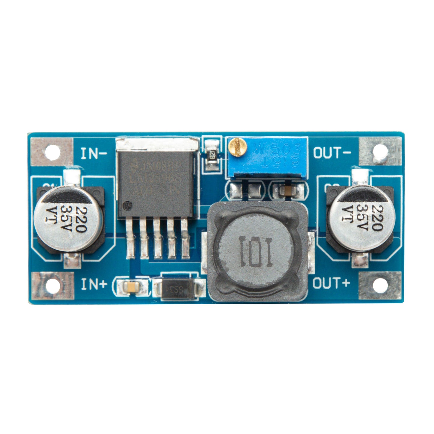 Luxorparts variabel spændingsregulator Switched blå modul med mærkede ind/udgange, heatsink, IC-chip, kondensatorer, potentiometer.