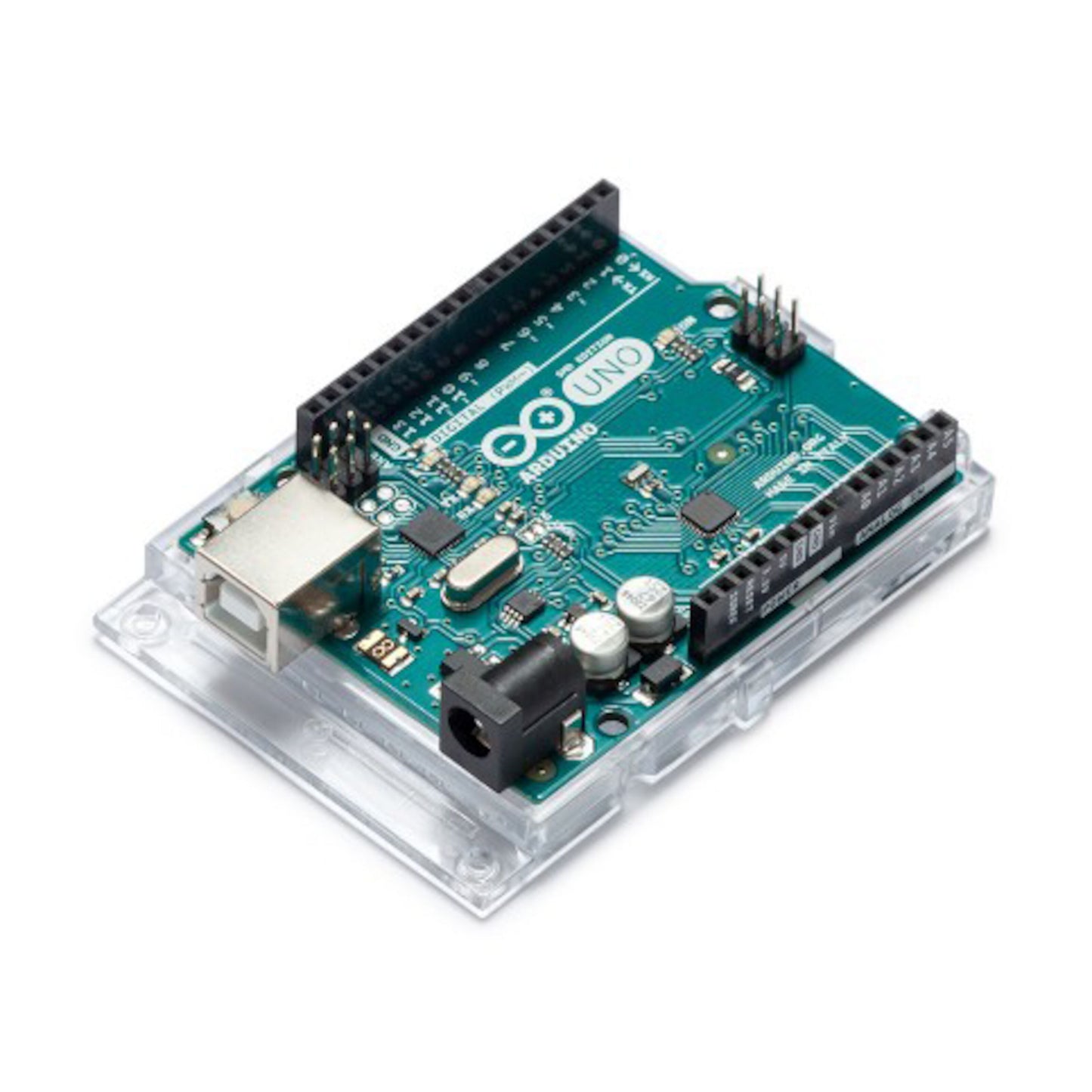 Arduino Uno Rev. 3 SMD udviklingskort med ATmega328P på transparent base, mange porte og pins, set skråt oppefra.