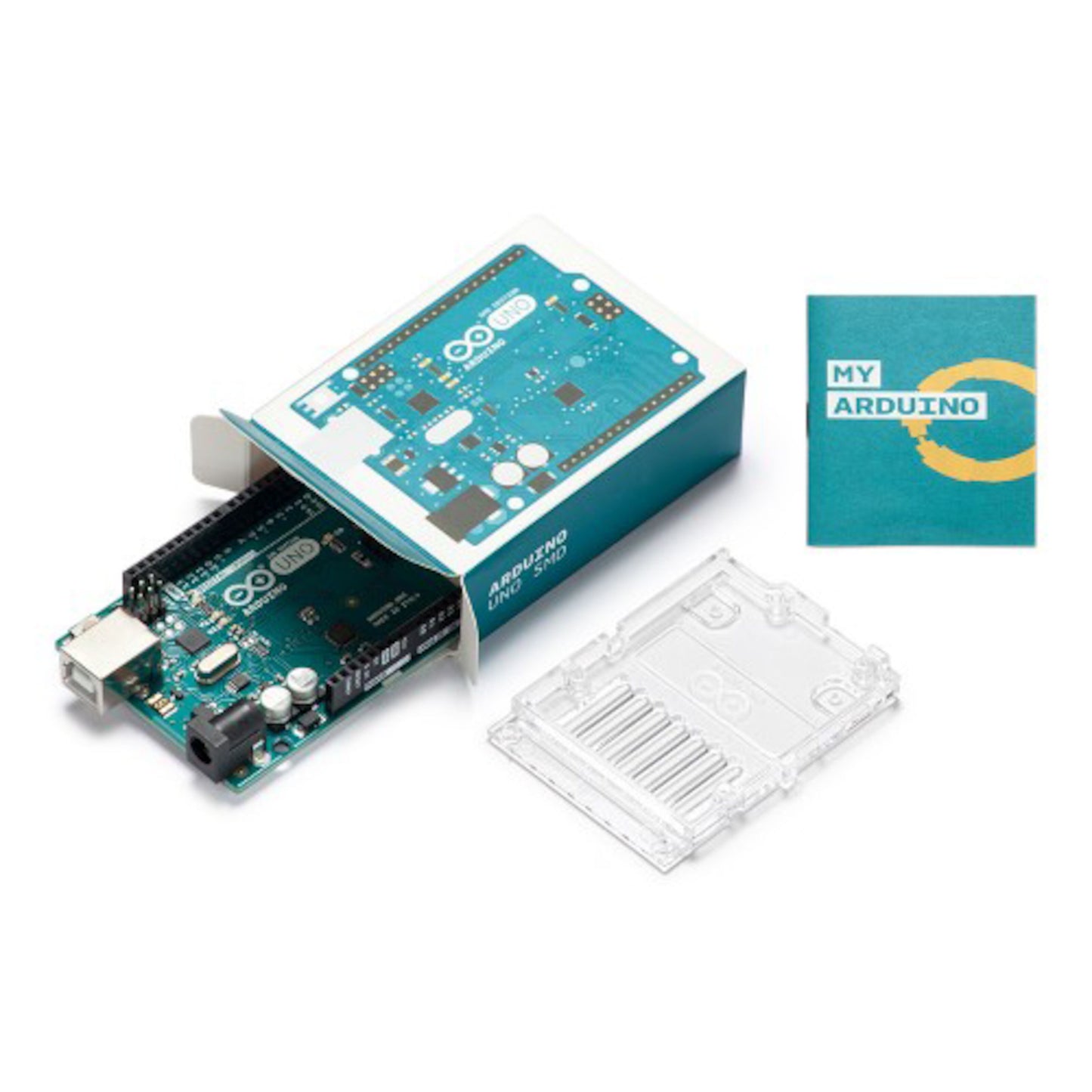 Arduino Uno Rev. 3 SMD udviklingskort delvist ude af æske med klart plastiketui og turkis MY ARDUINO-vejledning.