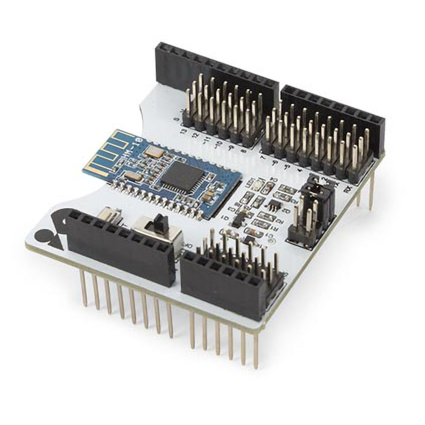 Bluetooth-modul til Arduino, hvid printplade med sorte pin-headers, blå Bluetooth-chip og tydeligt markerede pins.