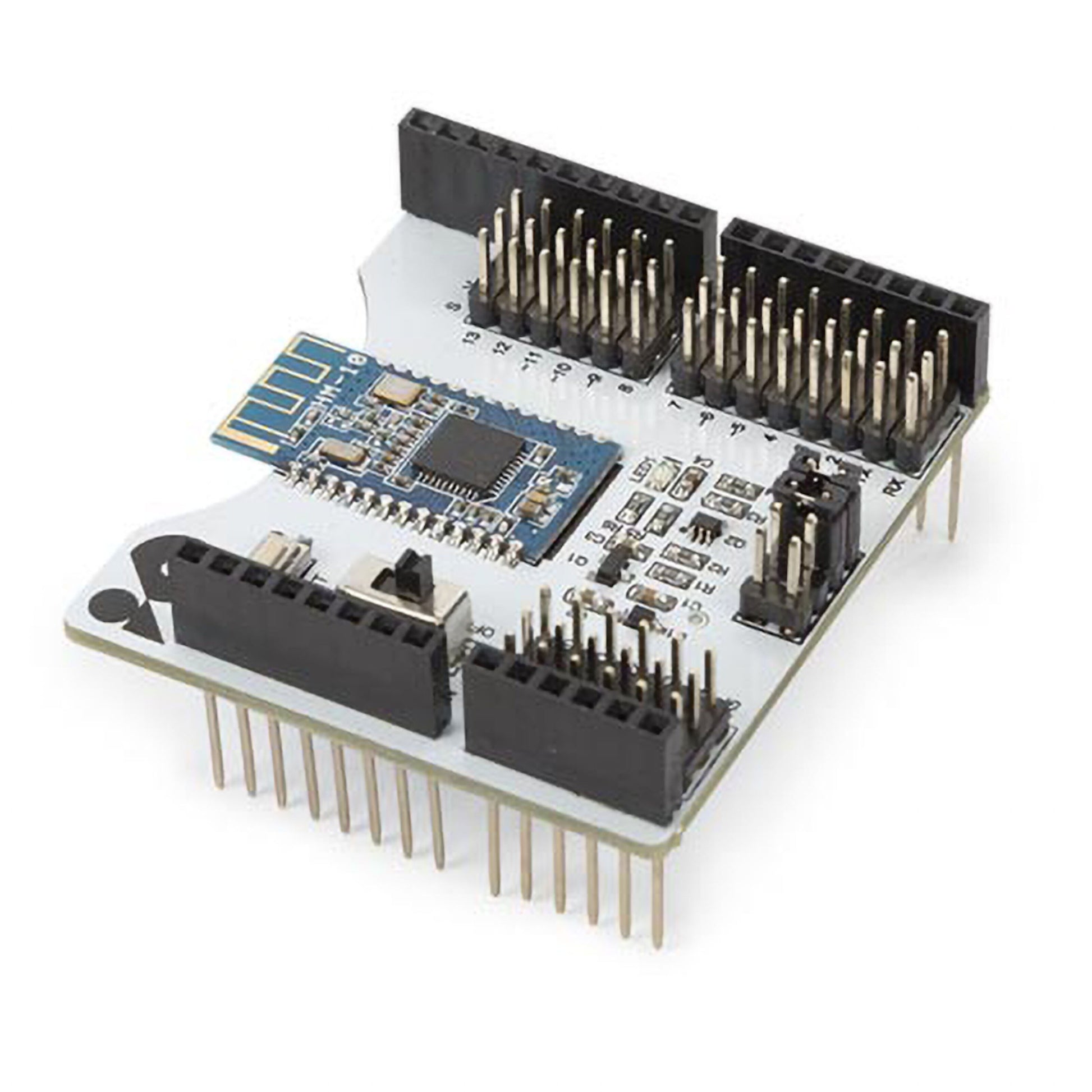 Bluetooth-modul til Arduino, hvid printplade med sorte pin-headers, blå Bluetooth-chip og tydeligt markerede pins.