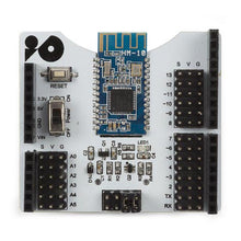 Bluetooth-modul til Arduino med HM-10 modul, reset-knap, tænd/sluk-knap, LED og diverse I/O-pin-headers.