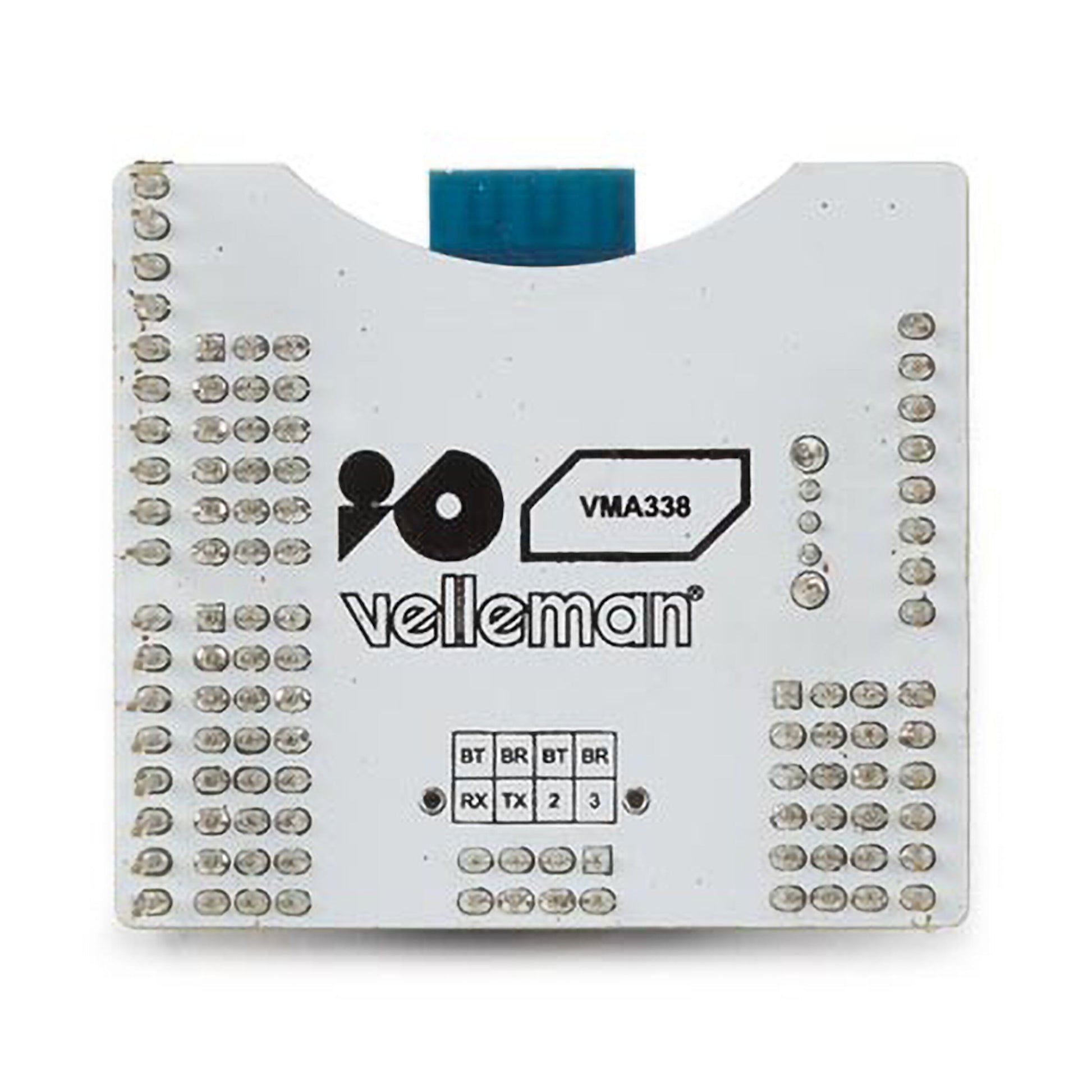 Bluetooth-modul til Arduino, hvid, mærkede pin-forbindelser, blå stik øverst, Velleman-logo centralt, synlige loddepunkter.