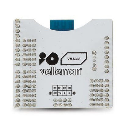 Bluetooth-modul til Arduino, hvid, mærkede pin-forbindelser, blå stik øverst, Velleman-logo centralt, synlige loddepunkter.