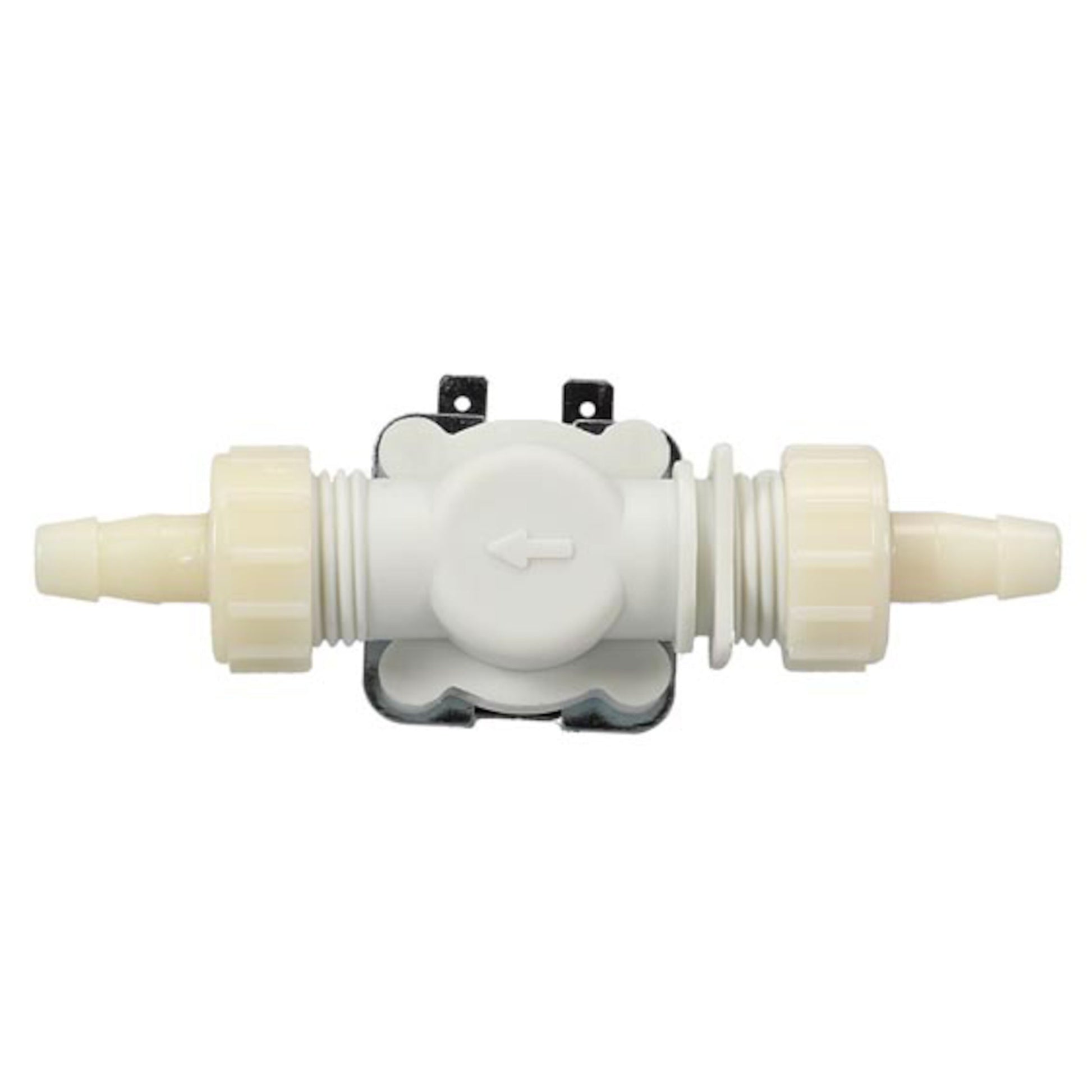 Vandventil 12 V, hvid plast, to slangetilslutninger, pil for flowretning midt på, monteringsbeslag ved basen.