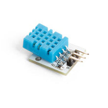 Digital temperatur- og luftfugtighedssensor til Arduino, blå ventileret kapsling, tre metalben, mærkede terminaler.