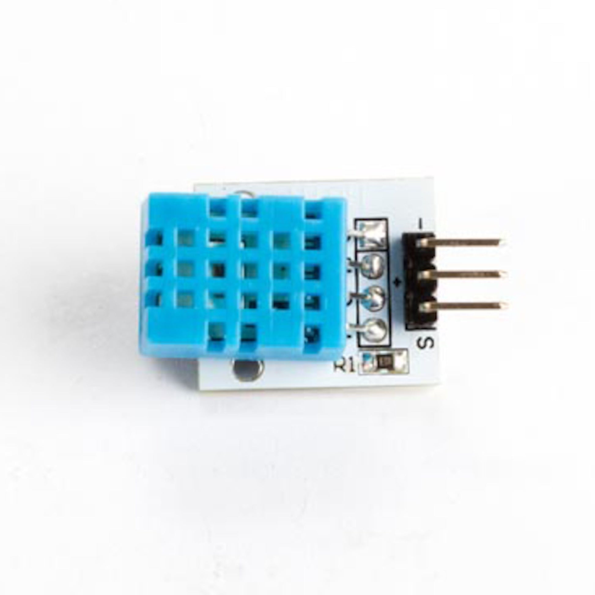 Temperatur- og luftfugtighedssensor modul til Arduino, blå gitterdel, 3 metalben, hvidt rektangulært printkort.