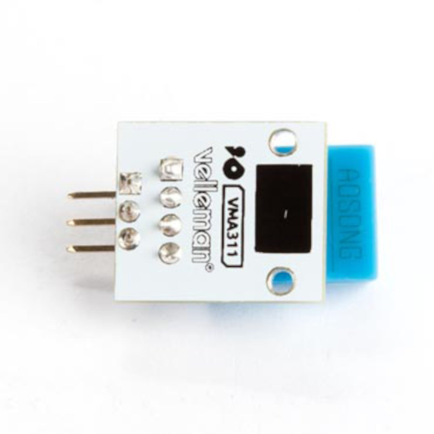 AOSONG temperatur- og luftfugtighedssensor til Arduino med metalben, blå komponent og Velleman-logo på printkortet.