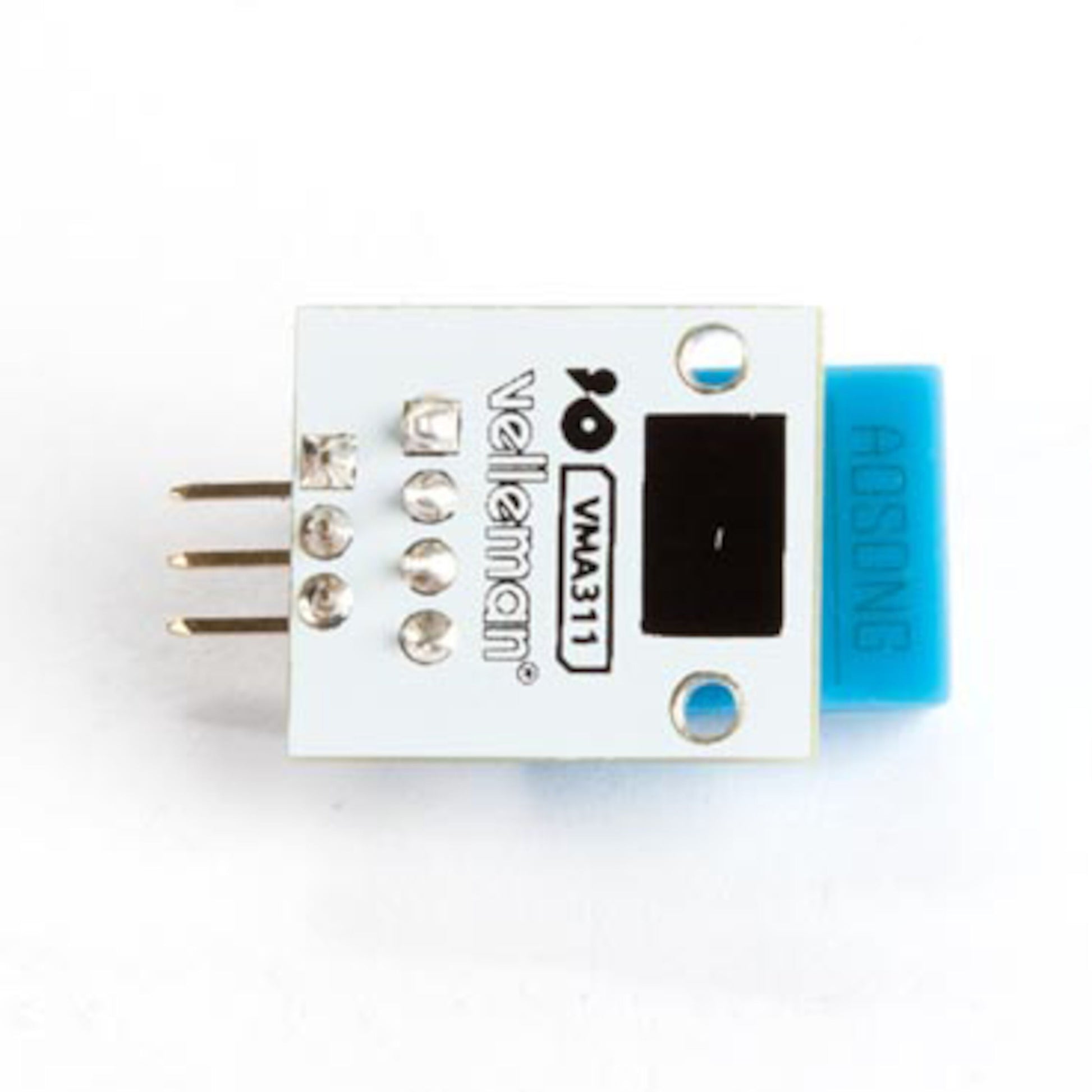 AOSONG temperatur- og luftfugtighedssensor til Arduino med metalben, blå komponent og Velleman-logo på printkortet.