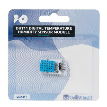 Velleman temperatur- og luftfugtighedssensor til Arduino i blå/hvid, synlig i klar blister på originalt kort.