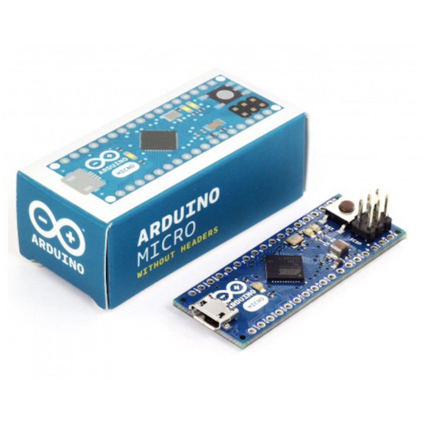 Arduino Micro udviklingskort med ATmega32u4 vist sammen med original emballage.