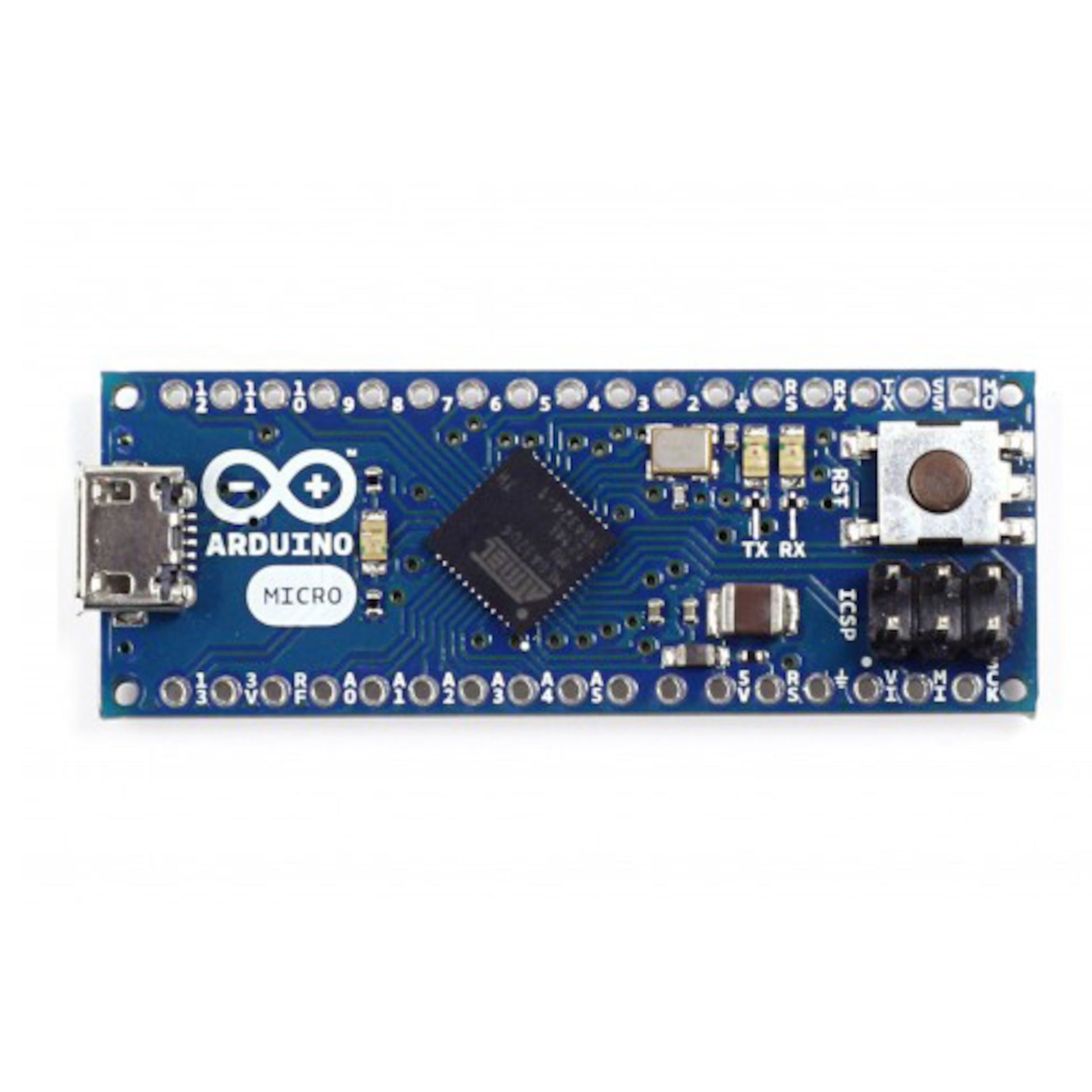 Arduino Micro udviklingskort blå, ATmega32u4-chip, USB-port, markerede sidestik, diverse elektroniske komponenter.